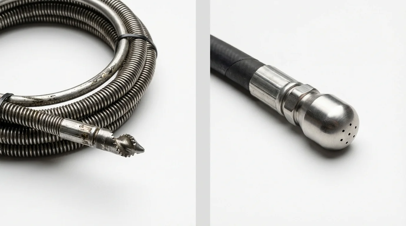 Drain snake cable and hydro jetting nozzle used for drain cleaning in Ridge, NY
